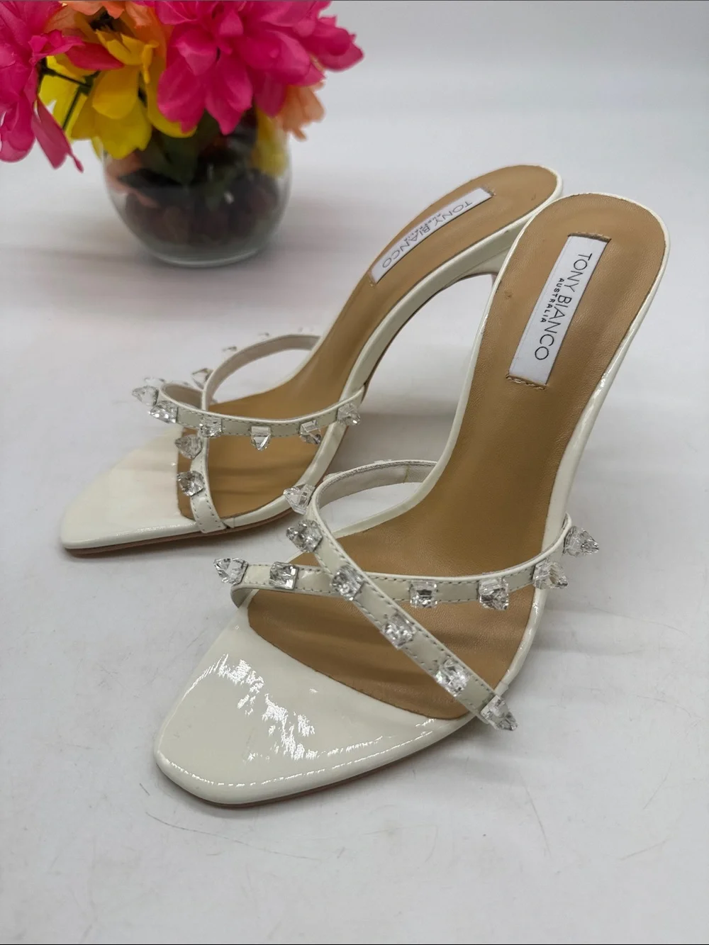 Tony Bianco Duo White Patent Crystal-Strap High Heel Mules Size 6.5 MCH10106G